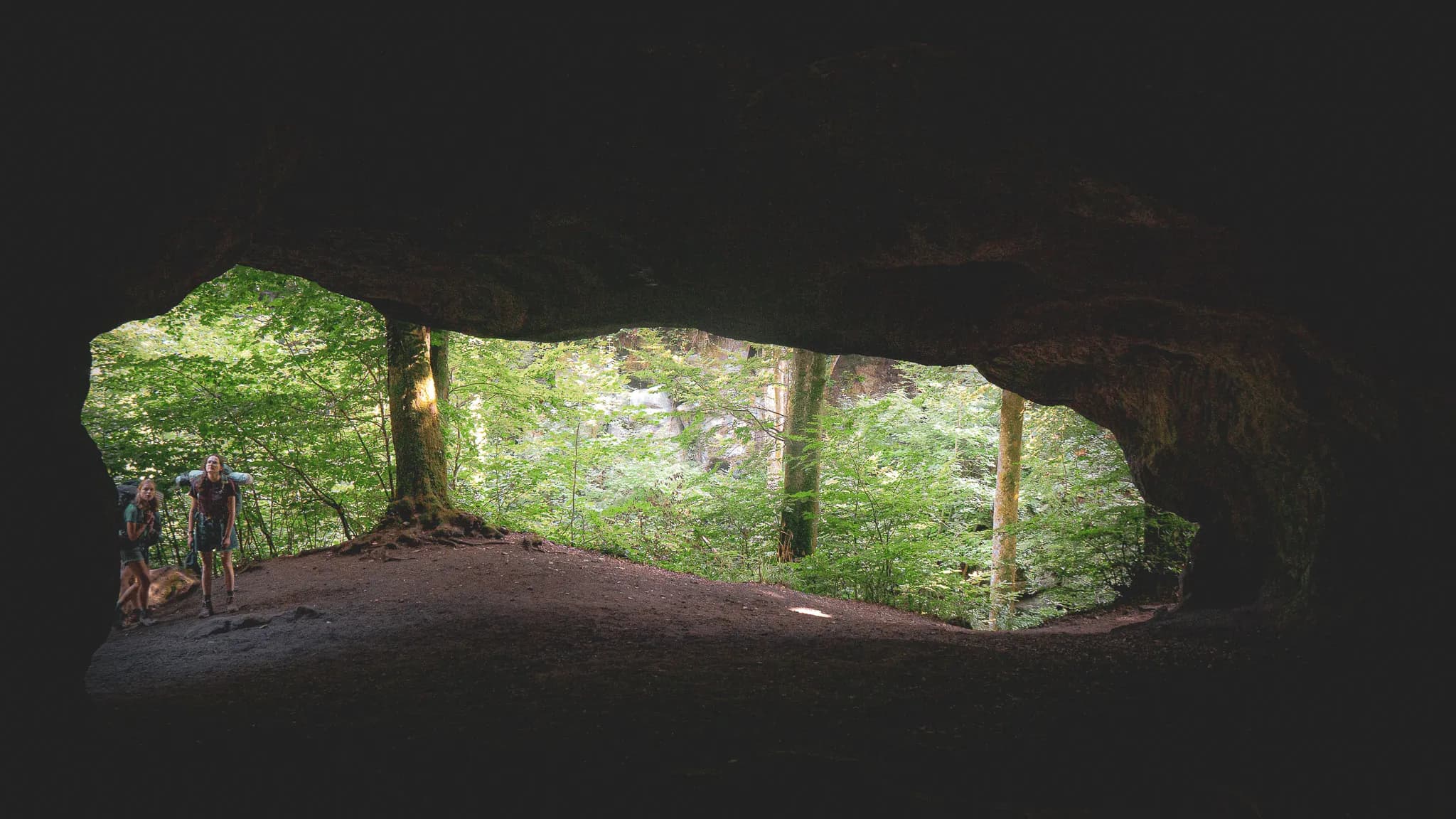 Vue d'une grotte éclairée par la forêt luxuriante, invitant à l'aventure en pleine nature.