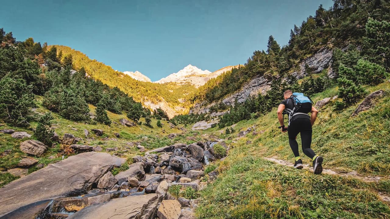 Een betoverend Pyrenees landschap met majestueuze bergtoppen, weelderige groene bossen en een vredig beekje.