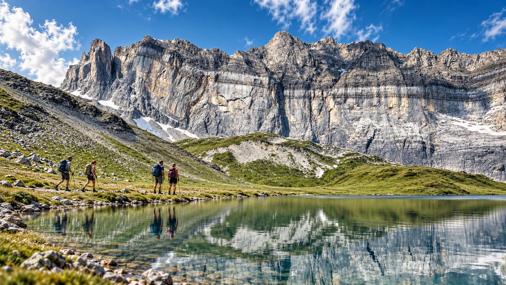 A group of walkers are exploring a majestic landscape, with the mountains reflected in a lake.