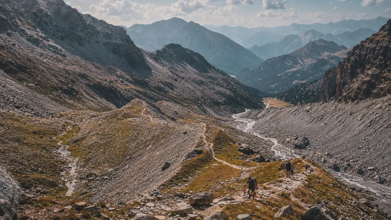 A mountain trail winding its way between valleys and peaks under a clear sky invites you to explore.