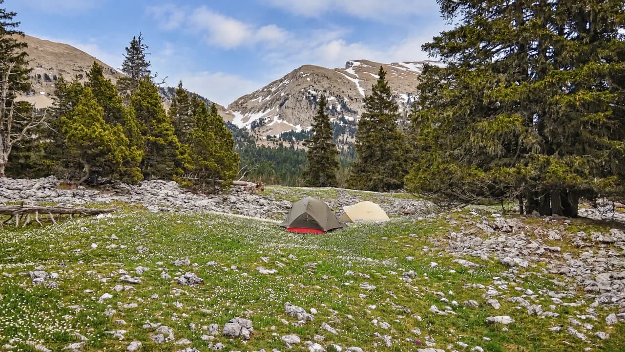 Een rustig kampeerplek onder de bomen, met tenten die uitkijken op de majestueuze bergtoppen van de Vercors.