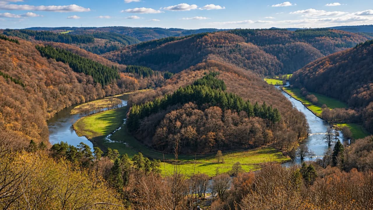 Un panorama enchanteur des méandres de la Semois, entouré de forêts ardennaises.