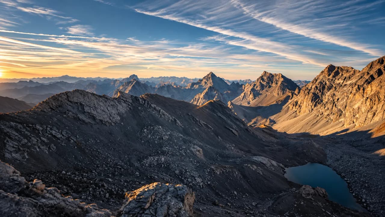 Panorama majestueux des Alpes, montagnes sculptées et lac paisible baignant sous un ciel étoilé.