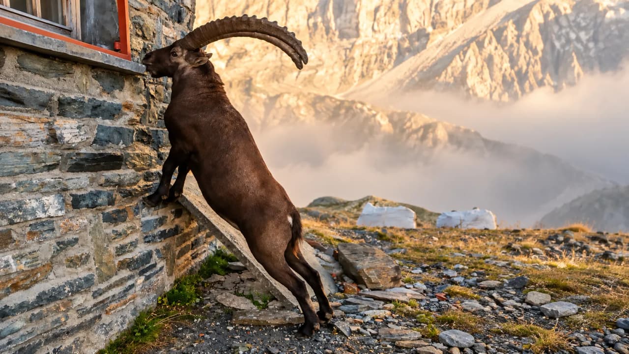 An ibex climbs a stone wall, set against a majestic mountain landscape.