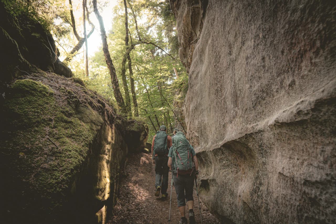 Two hikers advance along a steep path, surrounded by rocks and lush greenery.