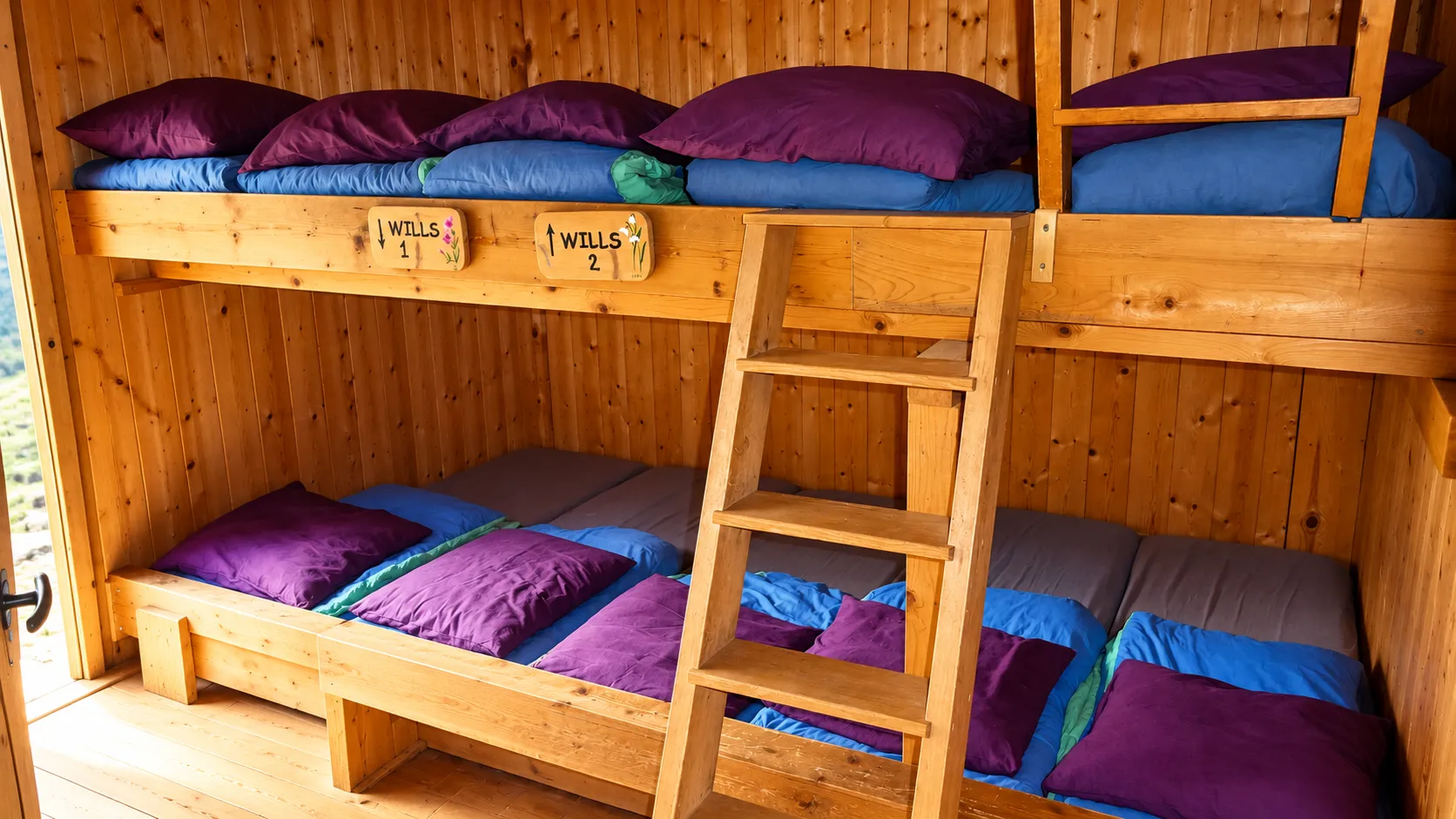 Comfortable bedding in a mountain hut, perfect for relaxing after an outdoor adventure.
