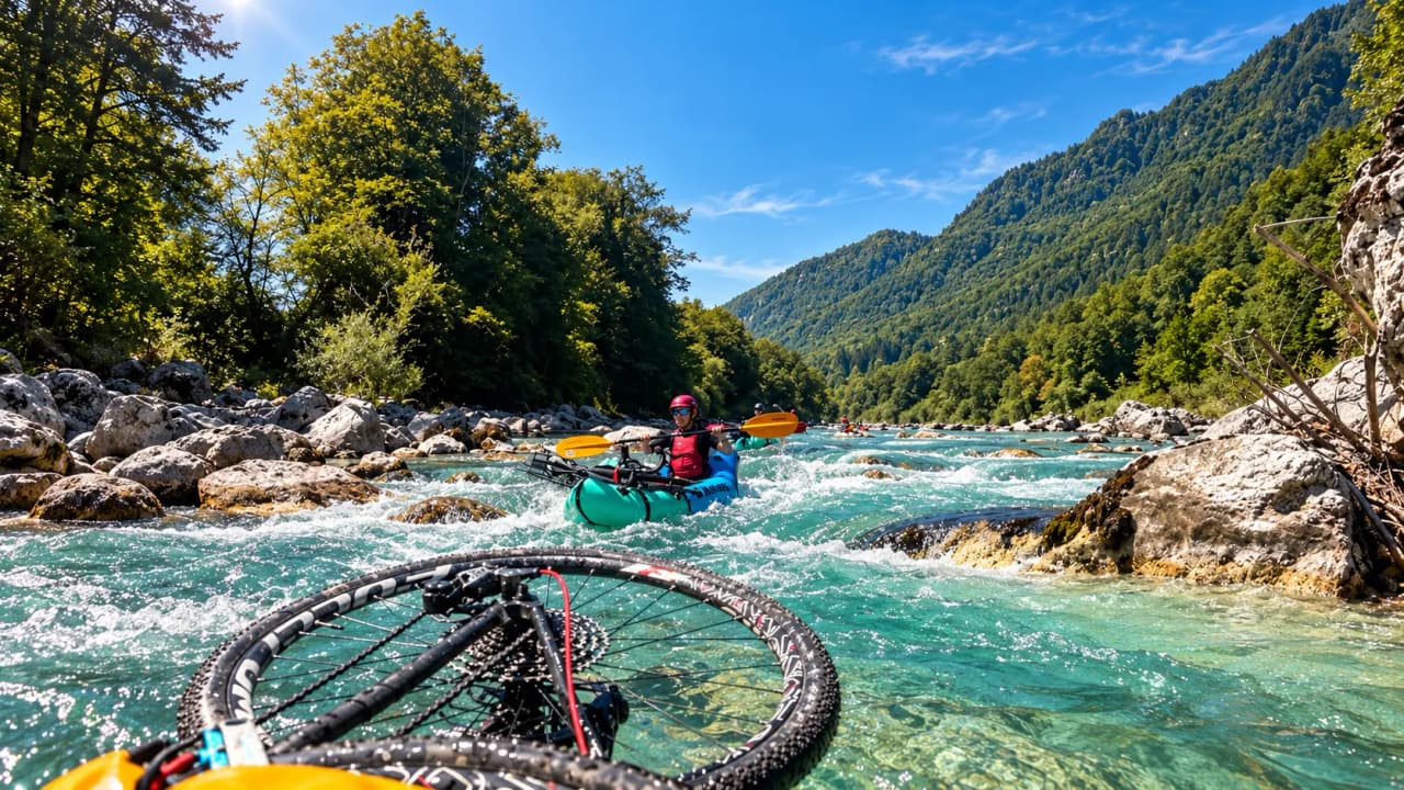 A packrafting adventure on an emerald-green river, surrounded by lush green mountains.