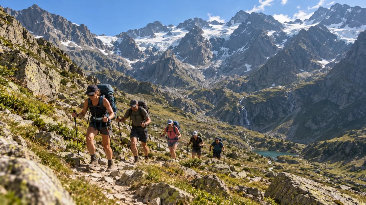 Hikers climbing majestic mountains, an enchanting alpine landscape, a brilliant blue sky.