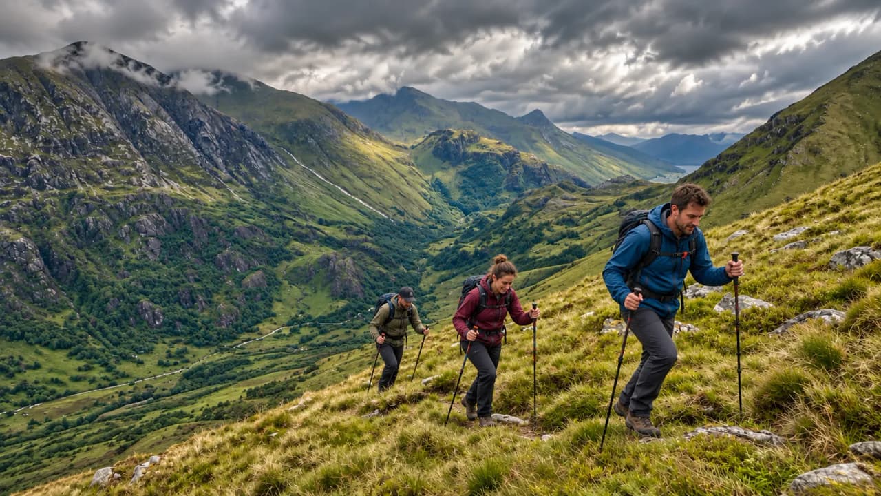 Three hikers with poles climbing a grassy slope above a deep Highland valley