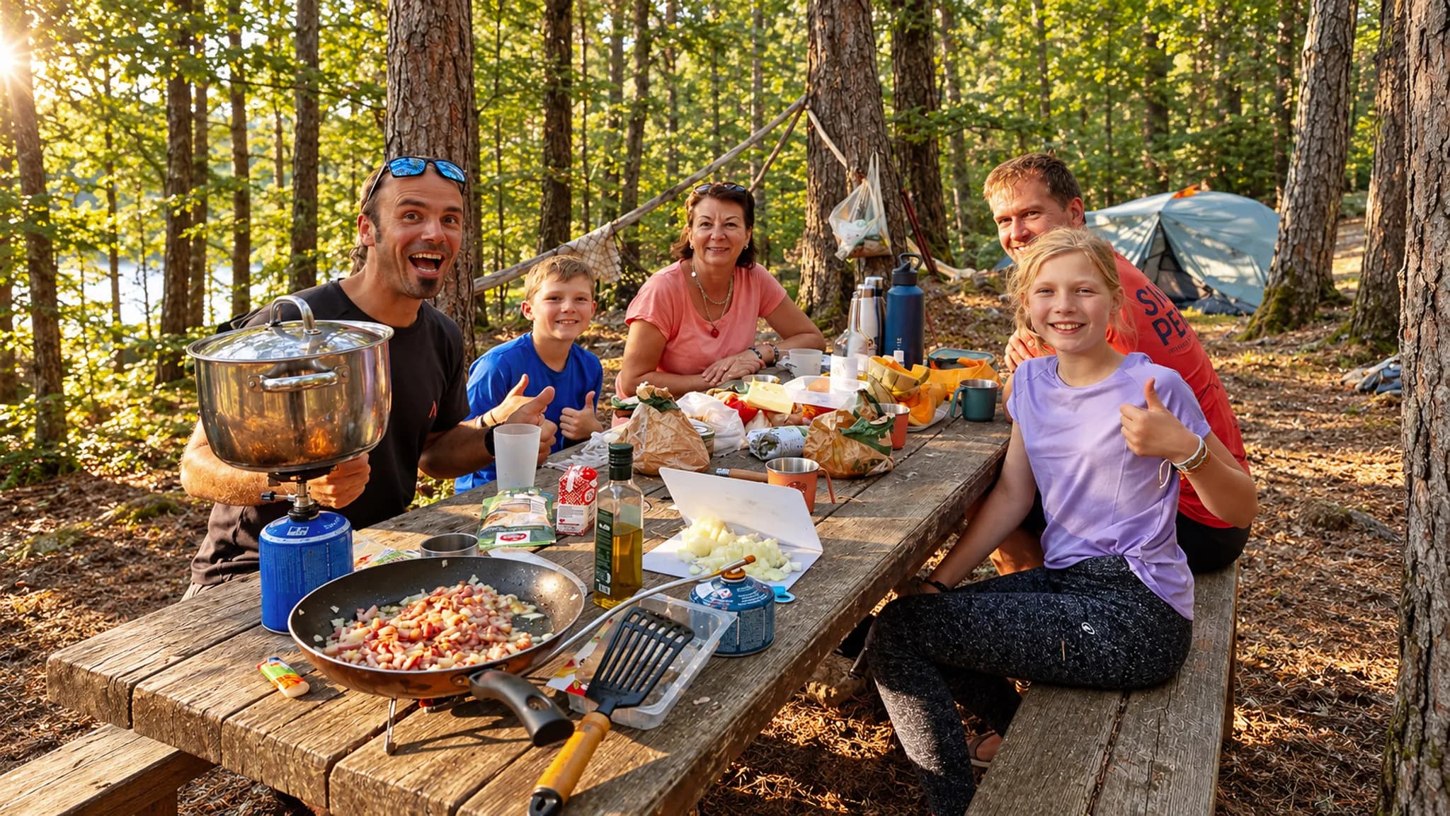 Groupe ravi autour d'une table, préparant un repas en pleine nature, sous le soleil des Écrins.