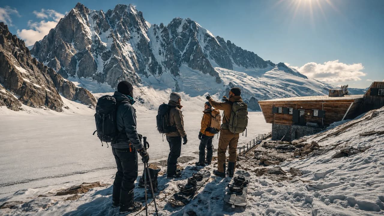 A group of adventurers admiring the peaks of Mont Blanc, ready for an unforgettable expedition.