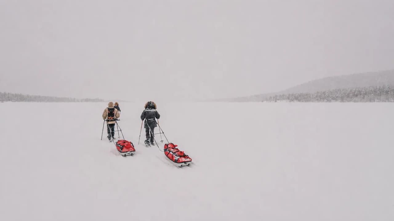 Three adventurers on snowshoes pull pulkas across a vast snow-covered landscape in Lapland.