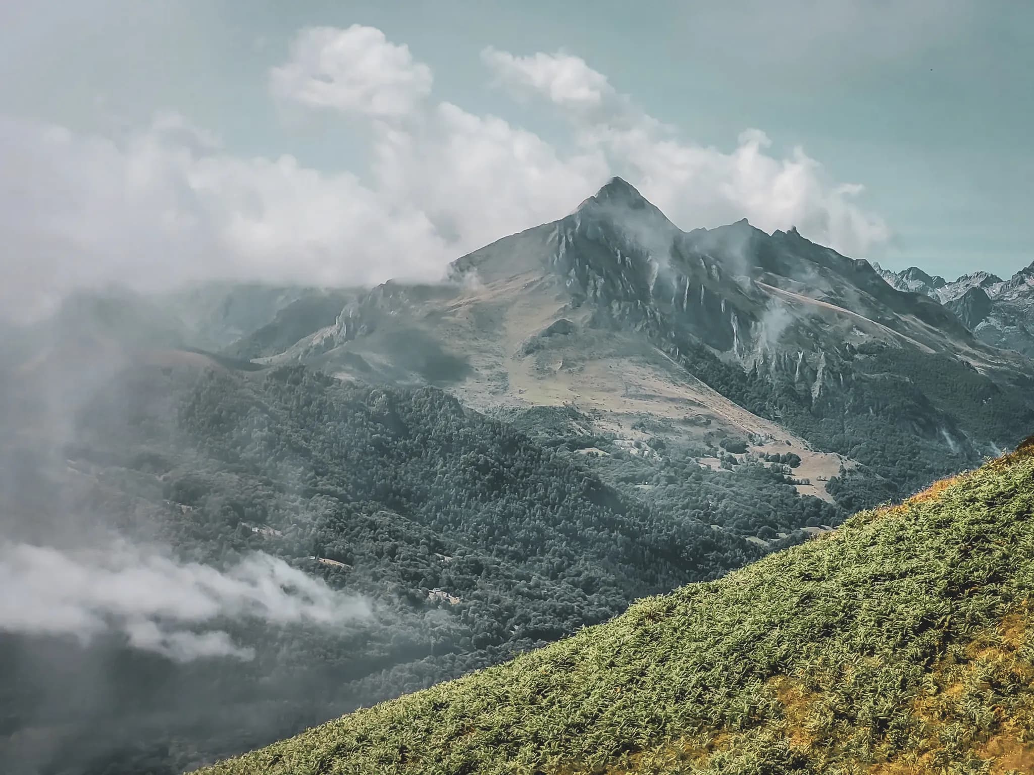 Het majestueuze landschap van de Pyreneeën, mistige bergen en weelderig groen, een uitnodiging tot avontuur.