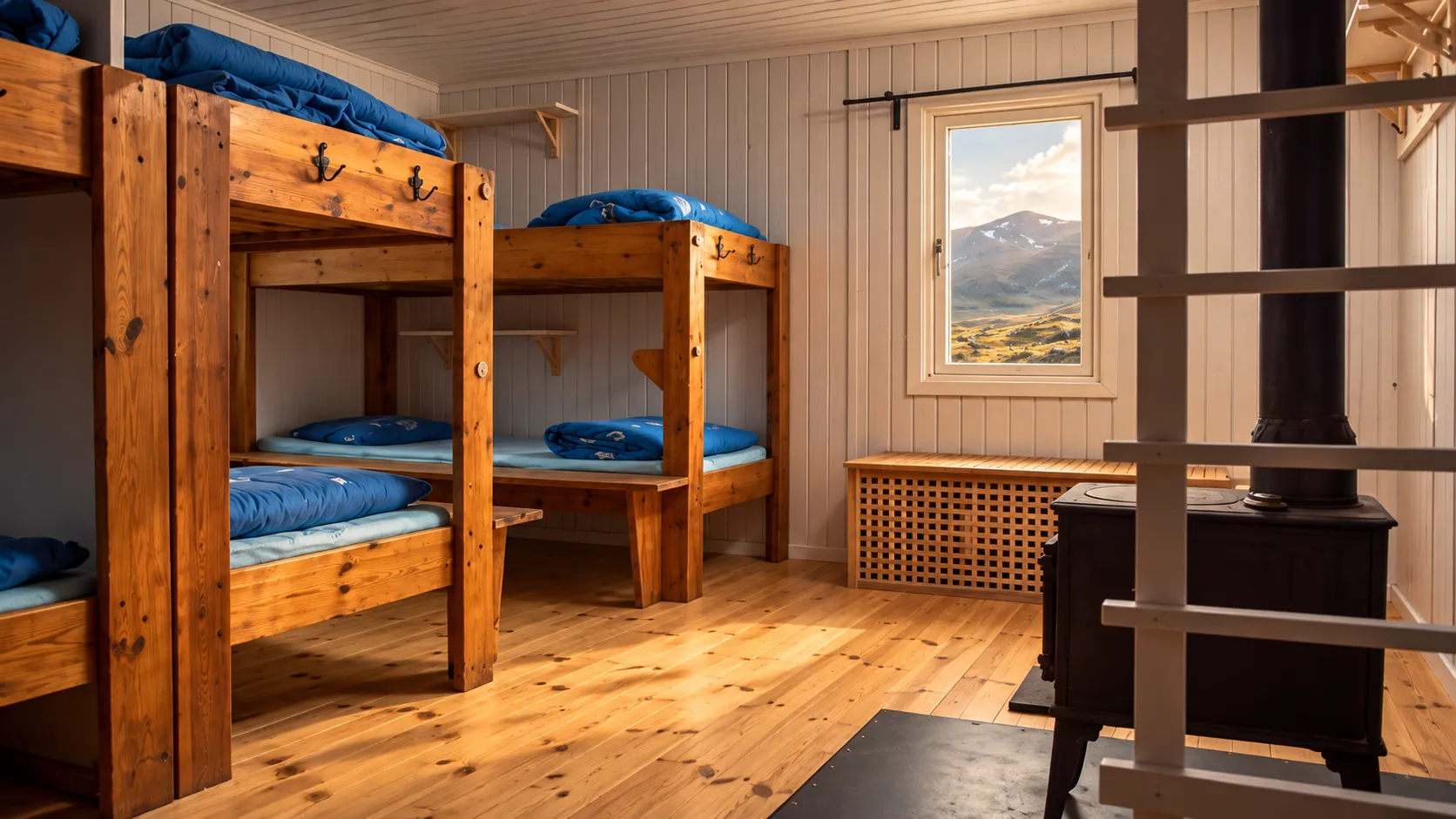 Gezellige kamer met stapelbedden, uitzicht op de bergen van Zweeds Lapland.