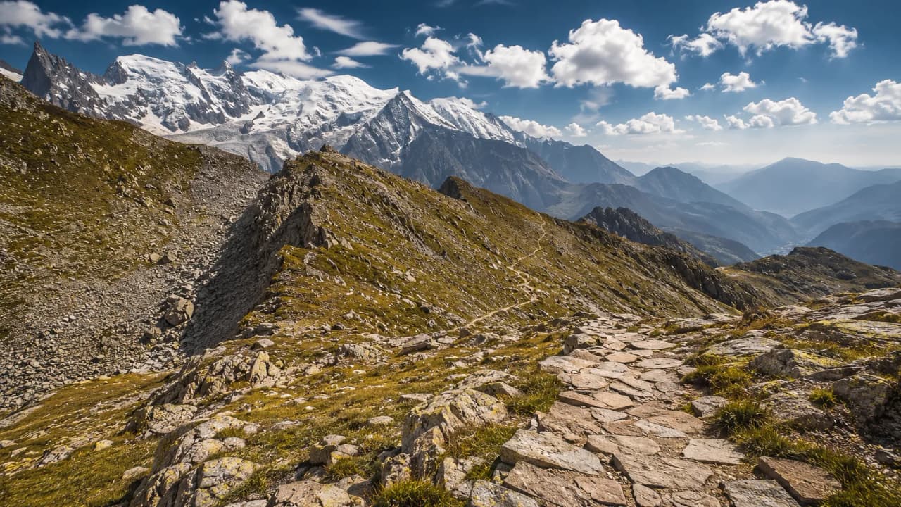 A winding mountain trail, with snow-capped peaks and a blue sky dotted with clouds.