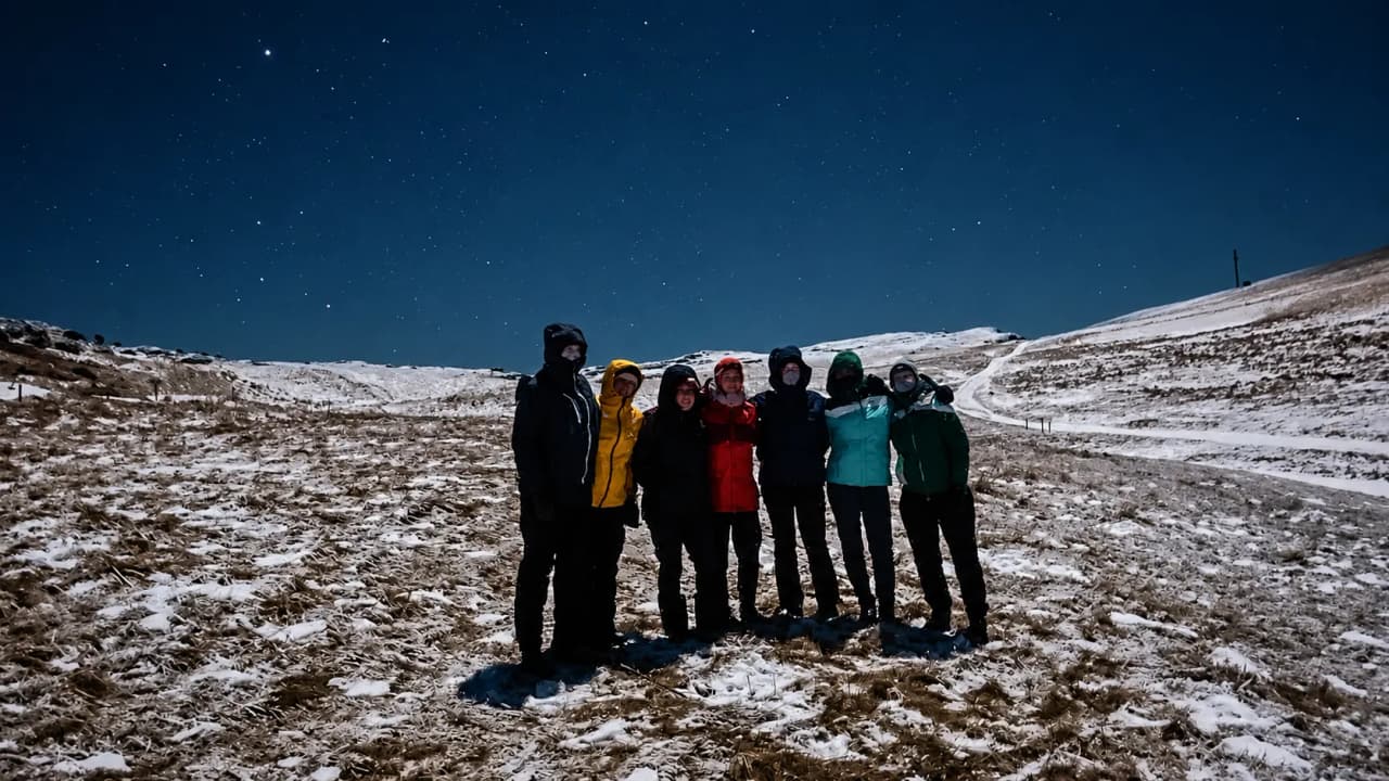 A group of women on snowshoes, beneath a starry sky in the snow-covered Vercors. Winter magic!