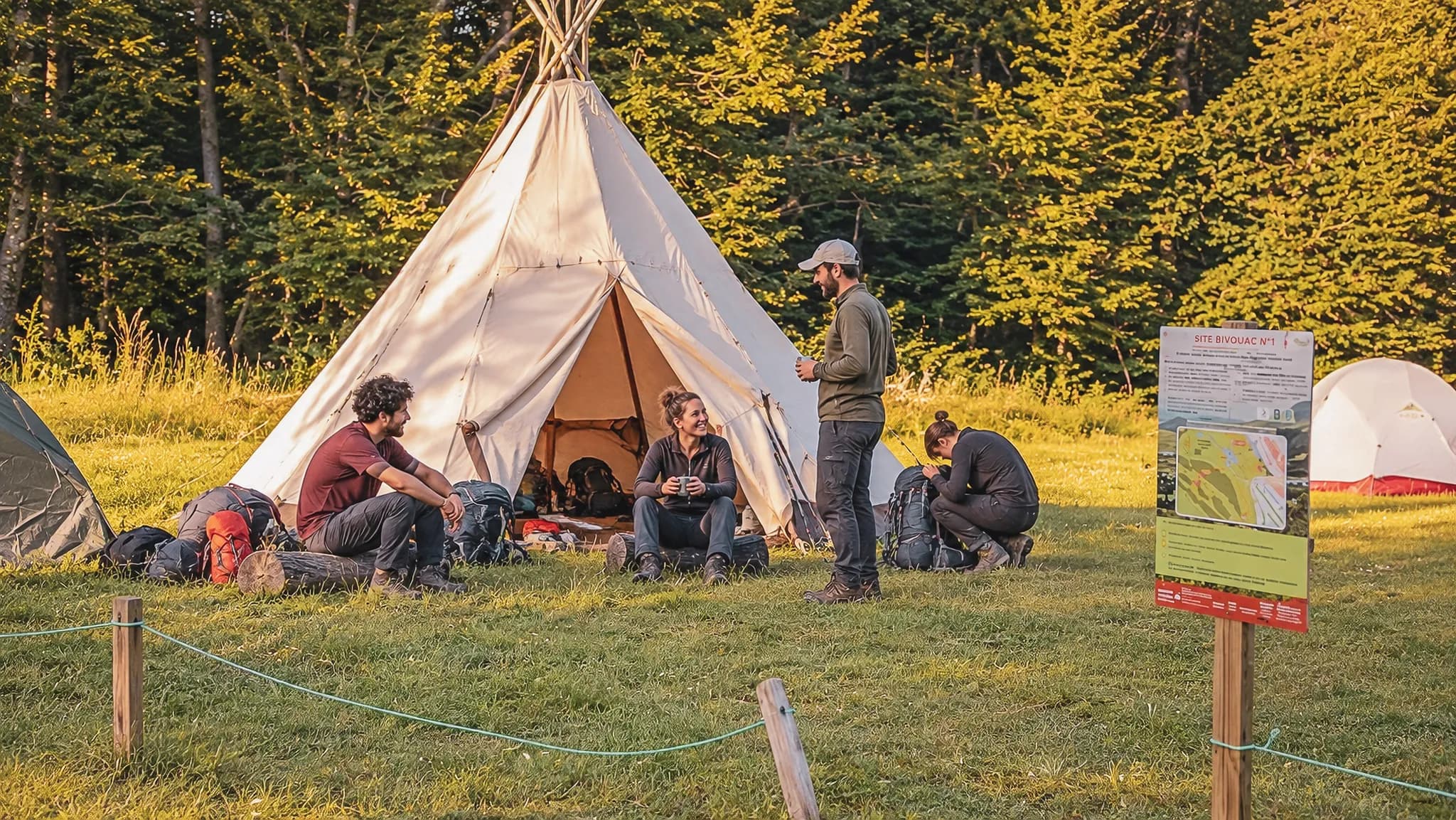 Groupe de randonneurs autour d'une tente, profitant de la nature verdoyante et du bivouac.