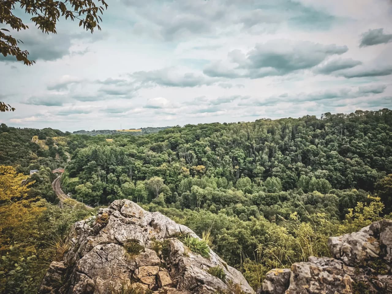 Panoramic view of a green valley, dotted with rocks and a winding river.