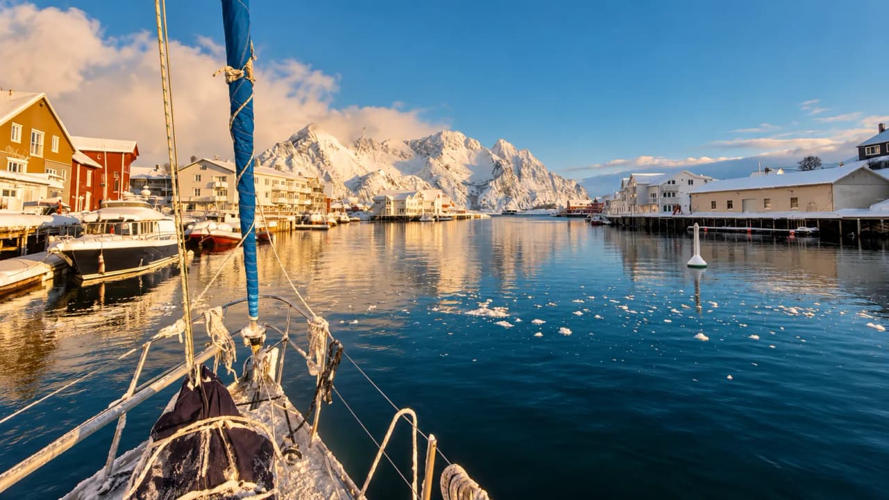 Voyage envoûtant aux Lofoten : voilier sur une eau turquoise, montagnes enneigées et paysages pittoresques.