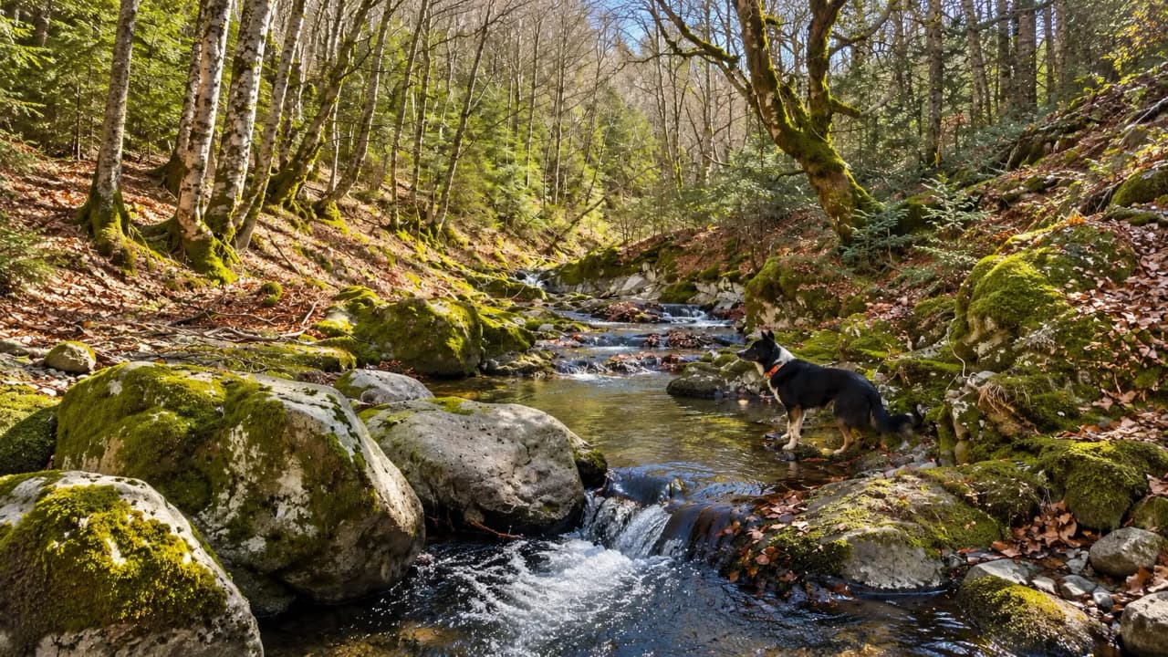 A peaceful river surrounded by greenery, moss-covered stones, and a curious dog.
