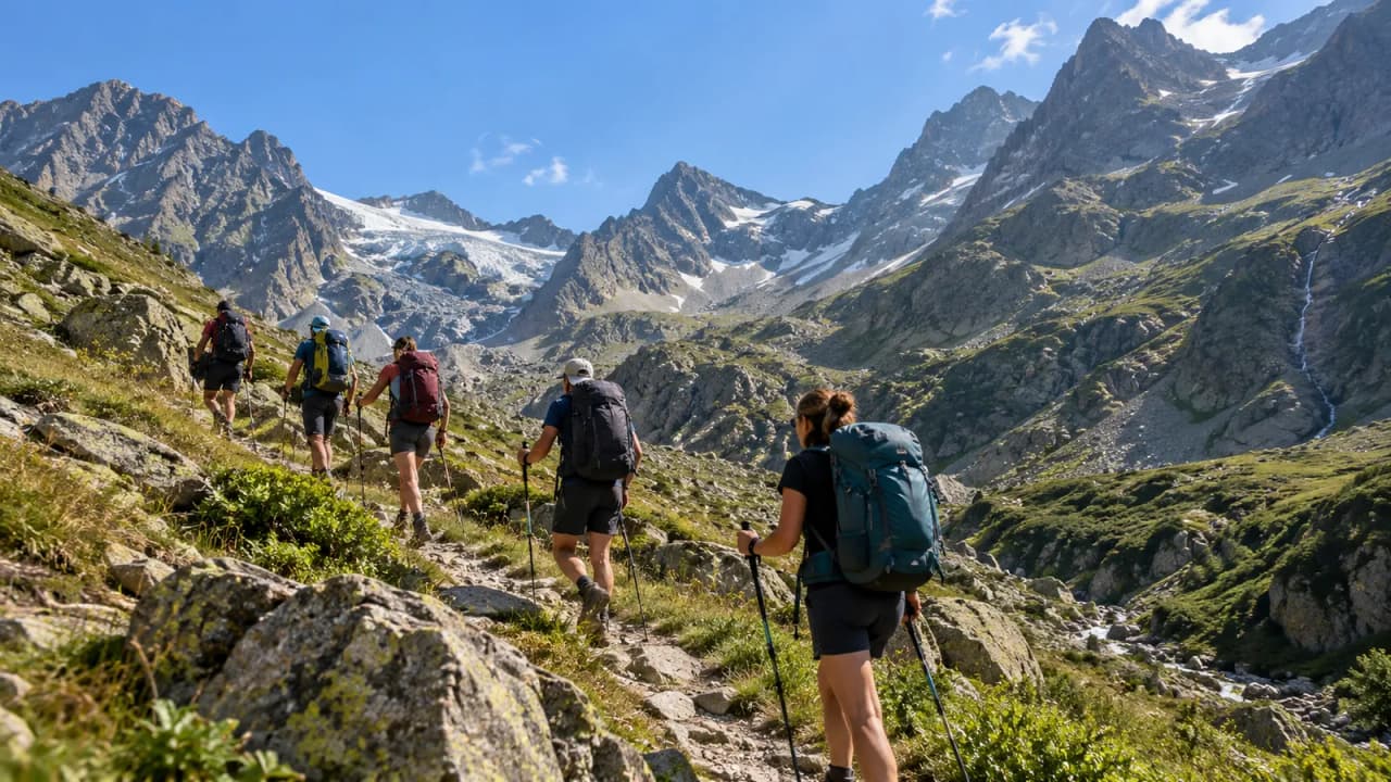 A group of hikers on an alpine trail, surrounded by majestic mountains and glaciers.