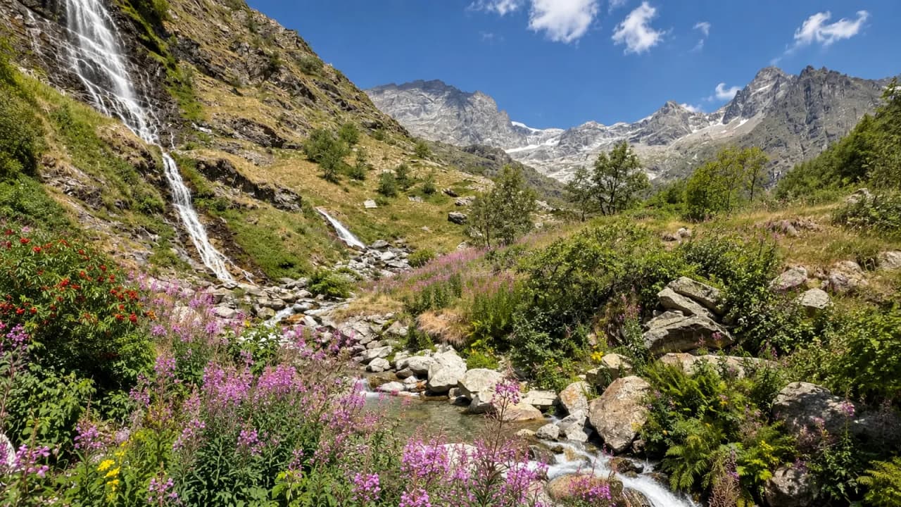 A sparkling waterfall in the heart of the mountains, colourful flowers in the foreground and a brilliant blue sky.