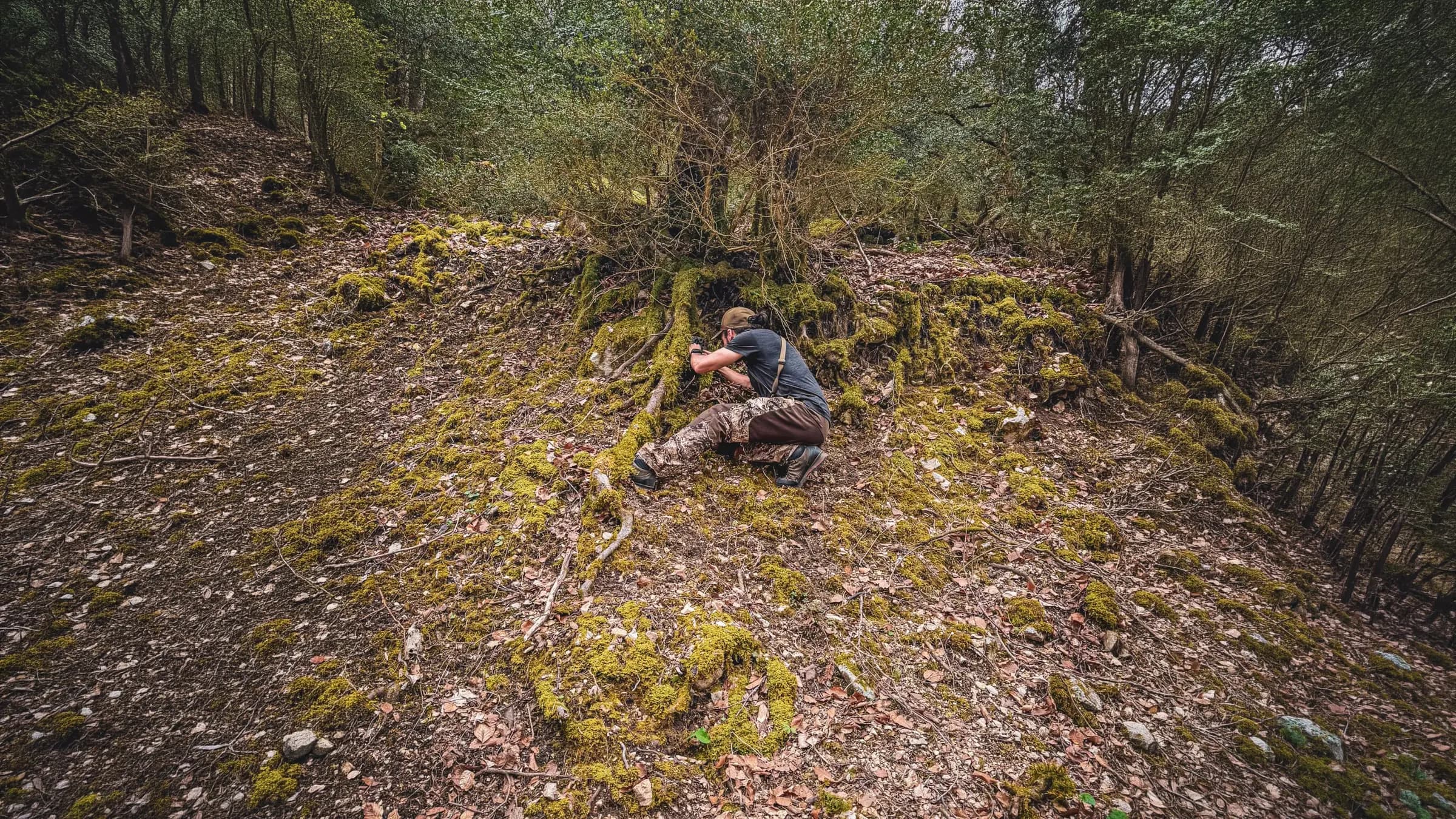 Een avonturier tast de groene grond van de Vercors af, omringd door ongerepte wildernis.