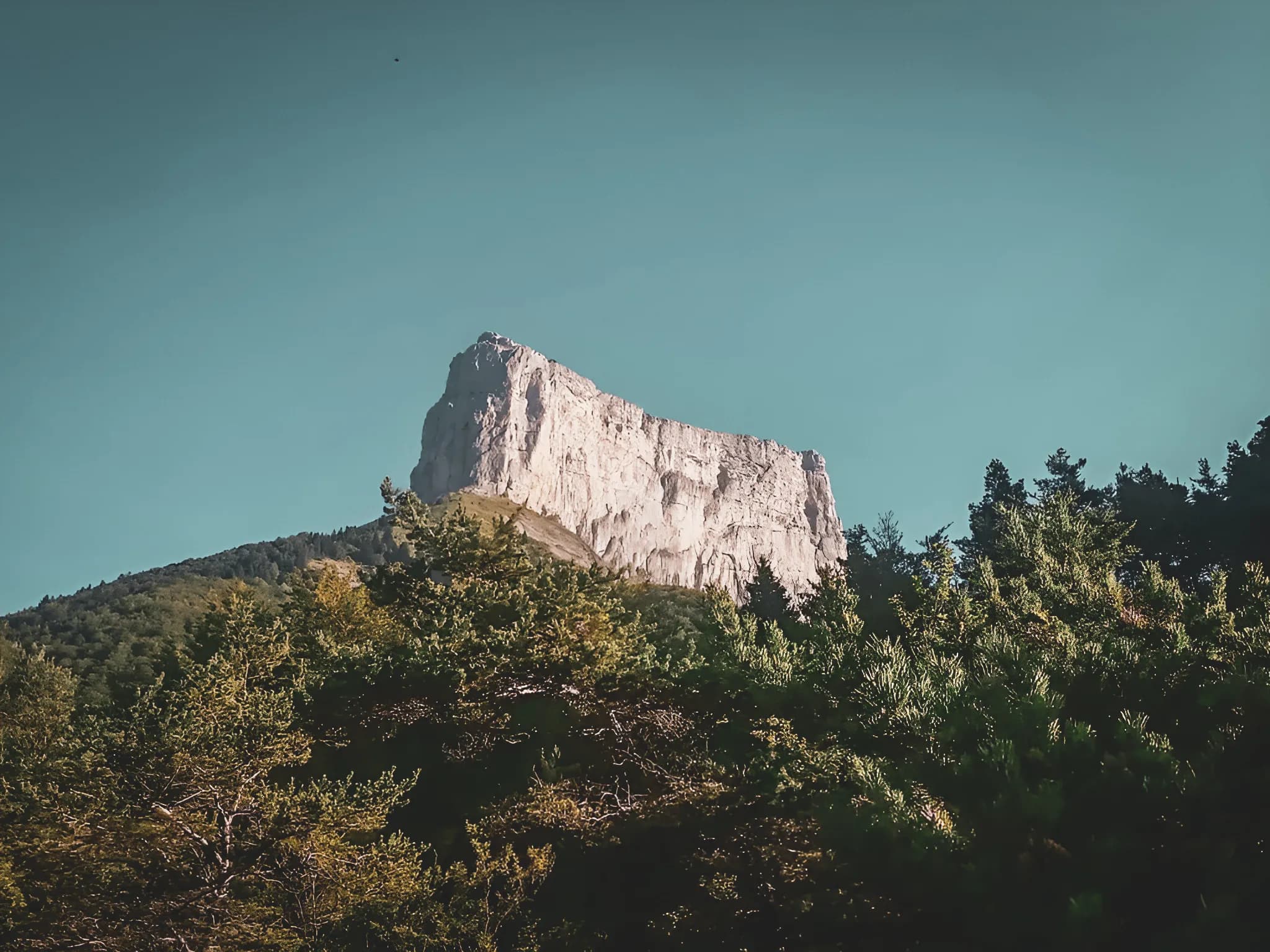 De Mont Aiguille rijst majestueus op, omringd door weelderige groene bossen onder een perfect blauwe hemel.