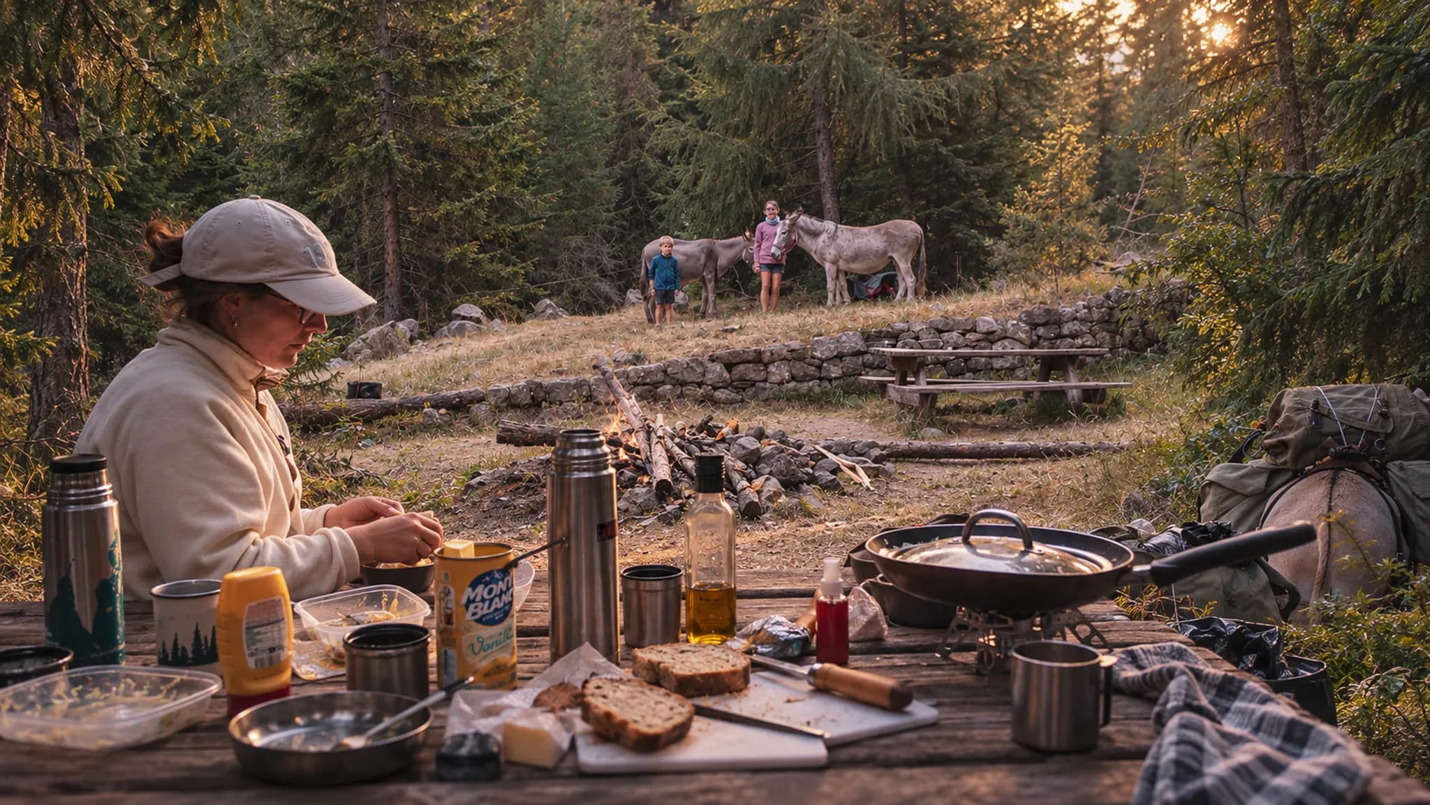 Randonneuse préparant un repas en pleine nature, entourée d'ânes et de paysages alpins.