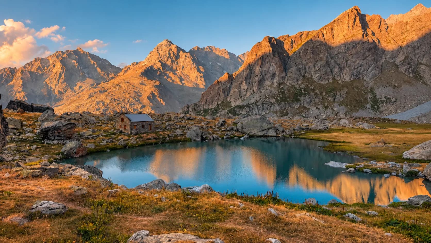 Lac d'altitude paisible entouré de montagnes majestueuses et d'une charmante cabane en pierre.