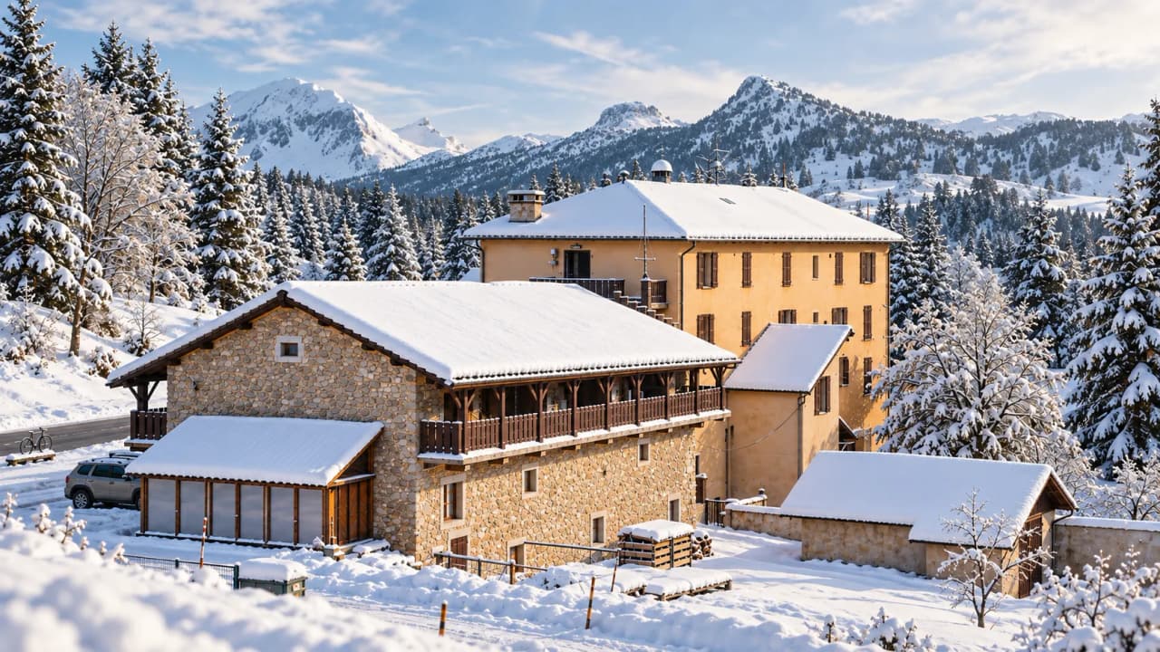 A cosy hostel set against a snowy backdrop, surrounded by the picturesque mountains of the Vercors.