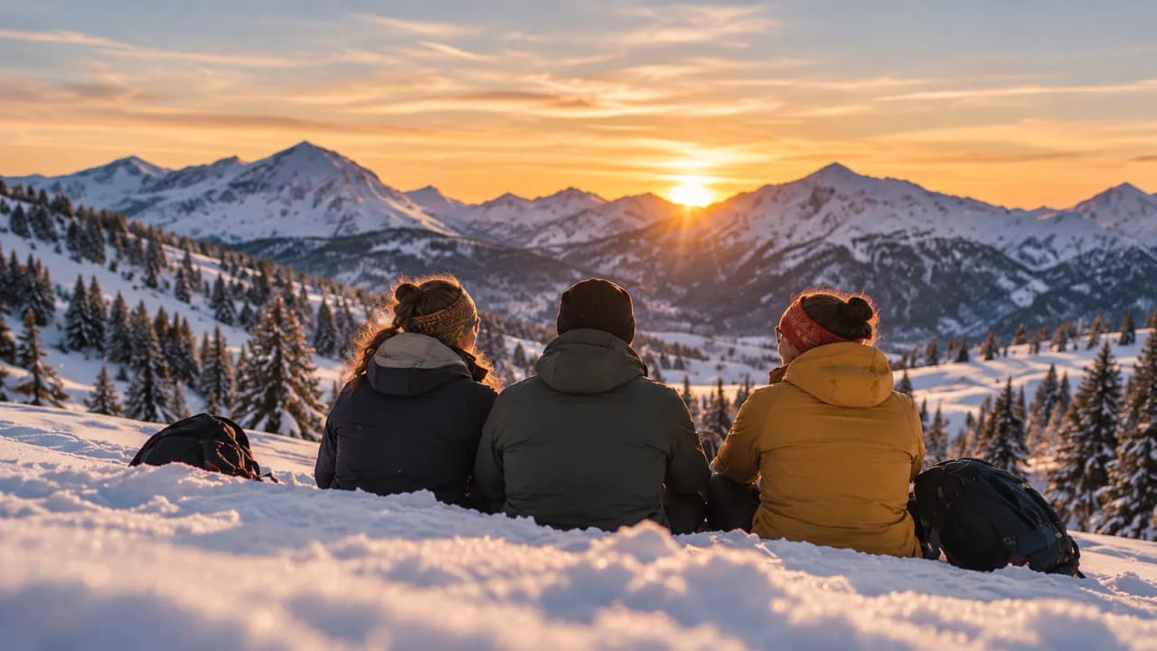 Three walkers are admiring a sunset over the snow-capped mountains, creating a magical atmosphere.