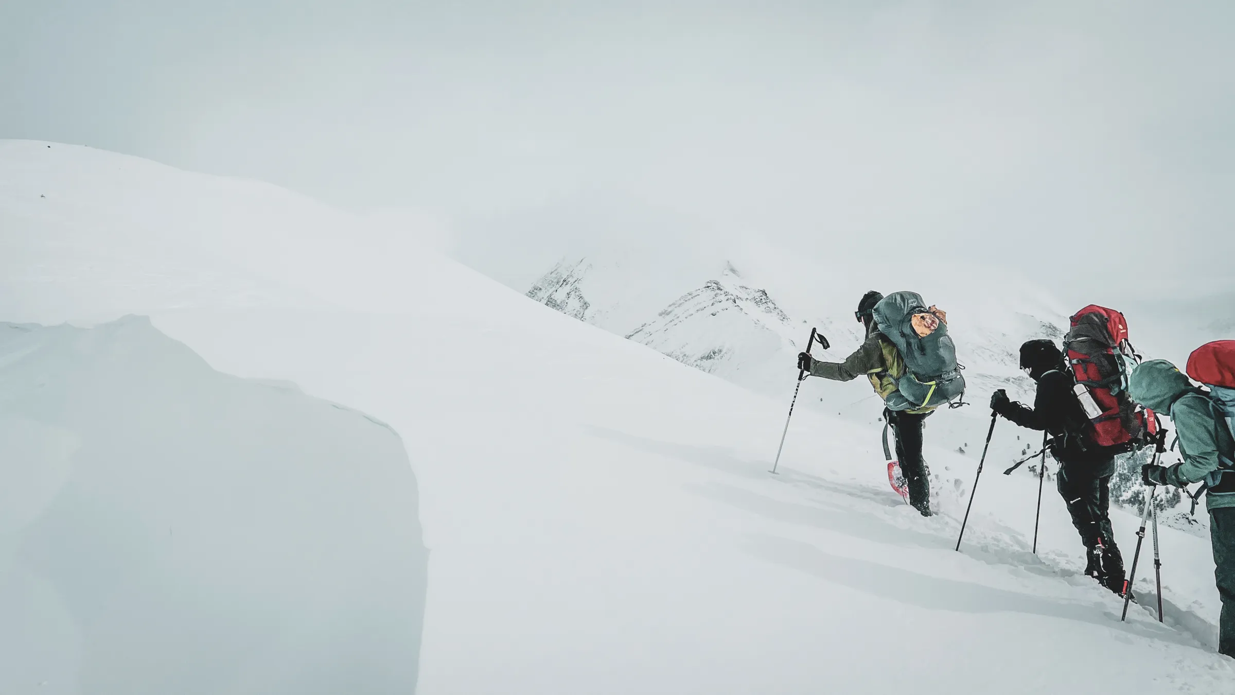 Randonneurs en raquettes affrontent les neiges immaculées des Écrins, face à des glaciers majestueux.
