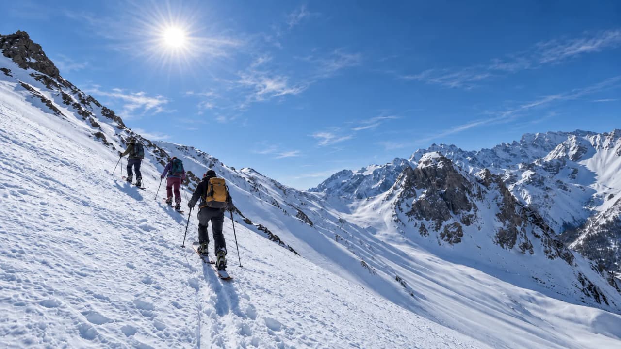 A group of splitboard explorers climbing snow-covered slopes in the sunshine, in a picturesque valley.