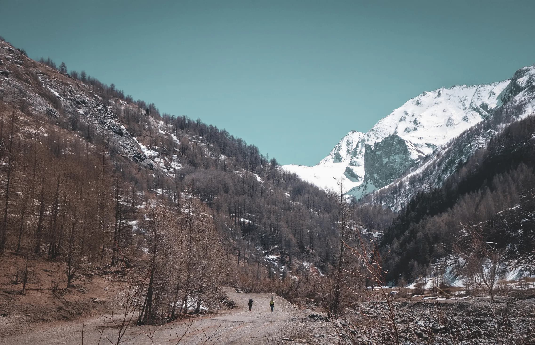 Deux randonneurs cheminent sur un sentier, entourés de paysages montagneux enneigés et d'arbres dénudés.