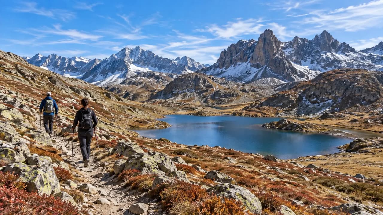 Deux randonneurs dans un paysage alpin spectaculaire, avec lacs et montagnes majestueuses.