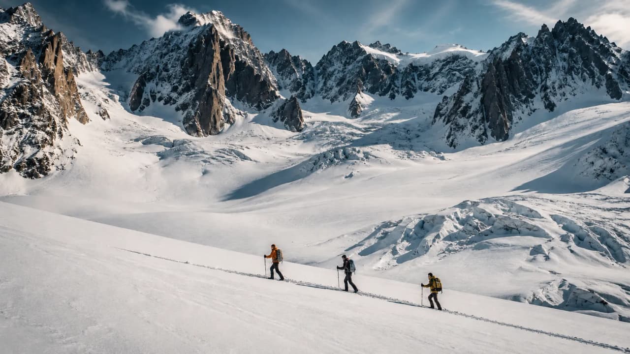 A group of snowboarders crossing majestic snow-covered landscapes in Chamonix.