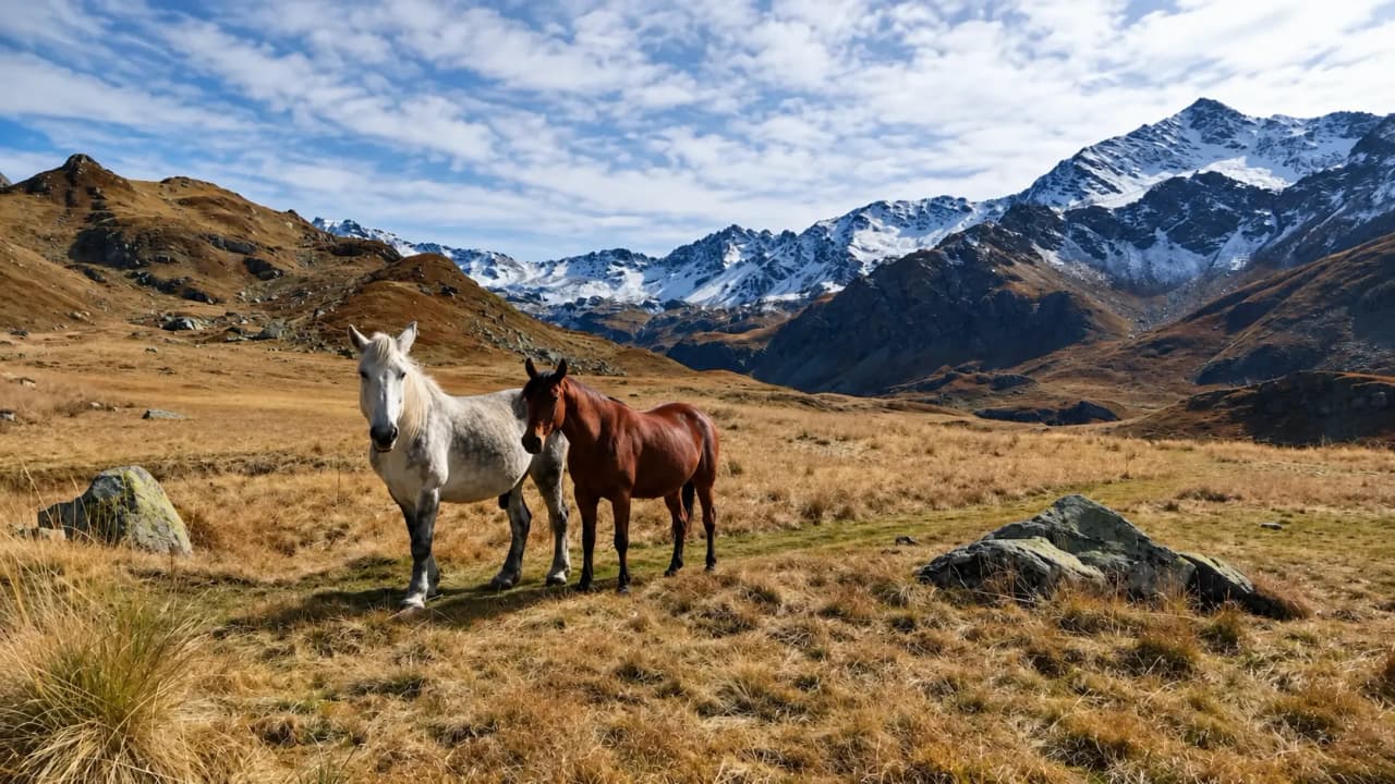 Deux chevaux, l'un blanc et l'autre brun, dans un paysage alpin majestueux avec des montagnes enneigées.