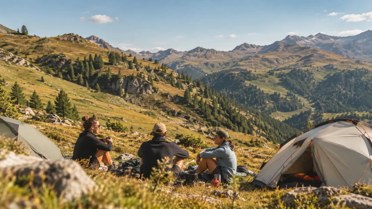 Trois personnes profitent d'un bivouac en montagne, entourées de paysages verdoyants et majestueux.