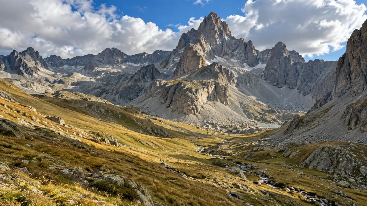 Vastes montagnes et vallées alpines sous un ciel nuageux, invitation à l'aventure en nature.