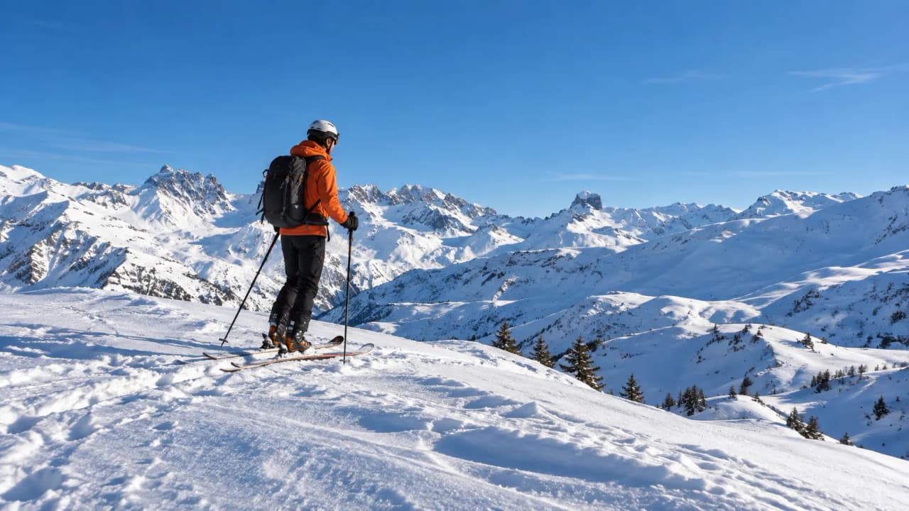Ski touring in the magnificent snow-covered mountains of the Beaufortain under a brilliant blue sky.