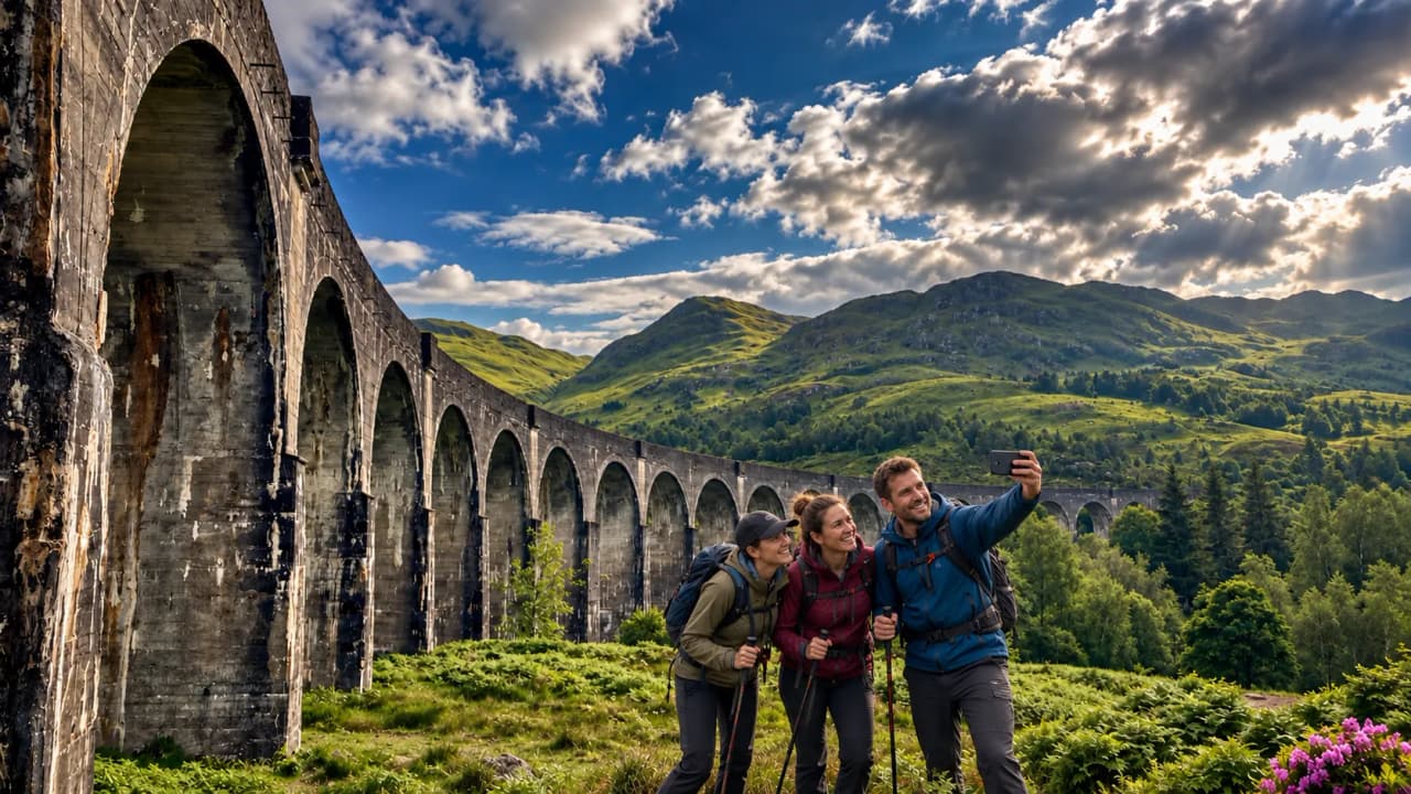 Three hikers taking a selfie in front of the Glenfinnan Viaduct