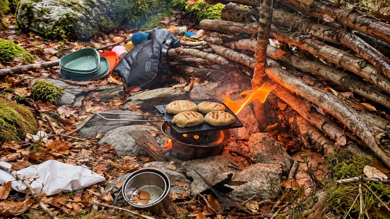 A campfire warms some flatbreads at a campsite in the heart of the countryside, surrounded by leaves and rocks.