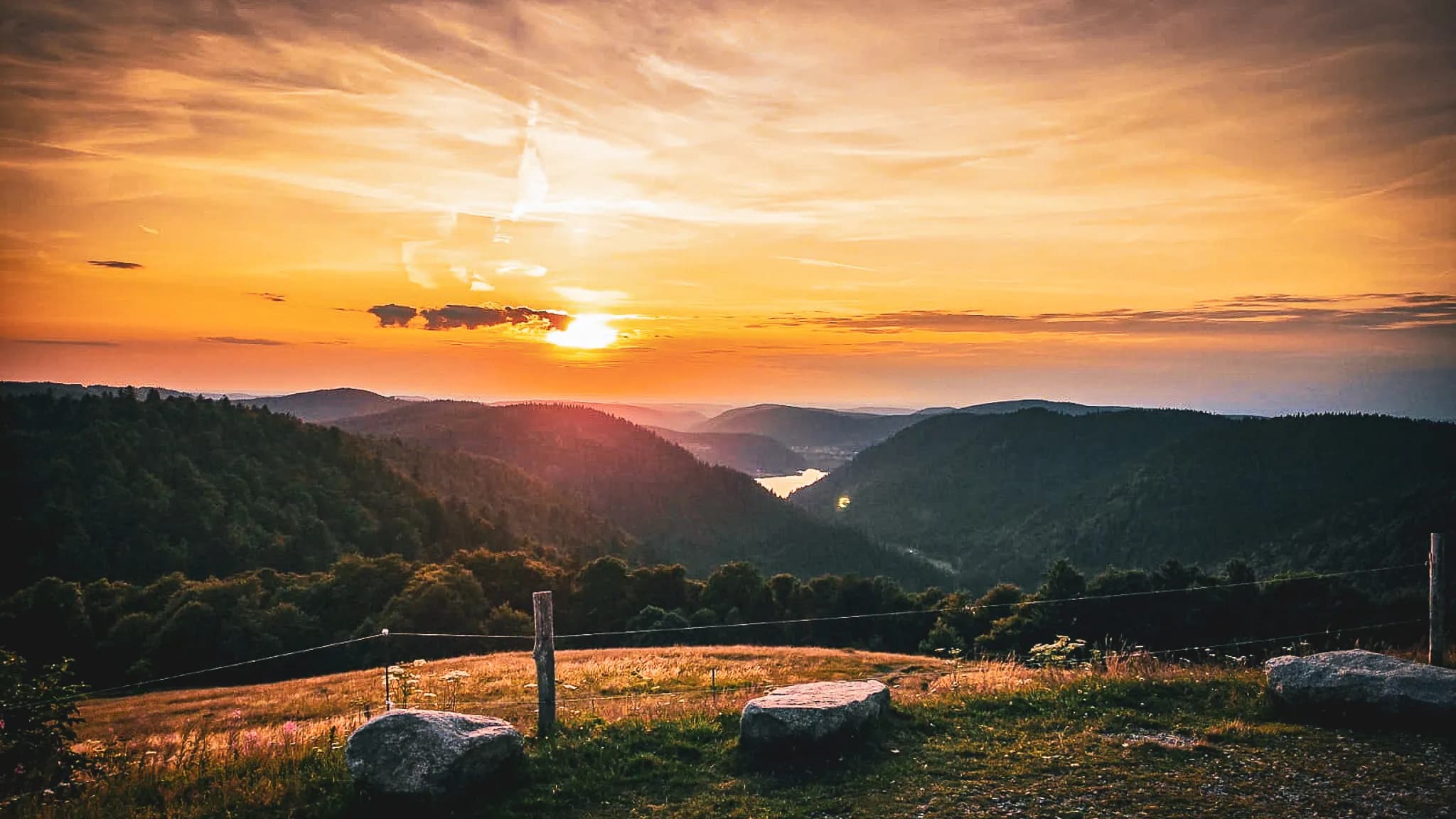 Coucher de soleil sur les crêtes des Vosges, vue panoramique apaisante et nature éclatante.