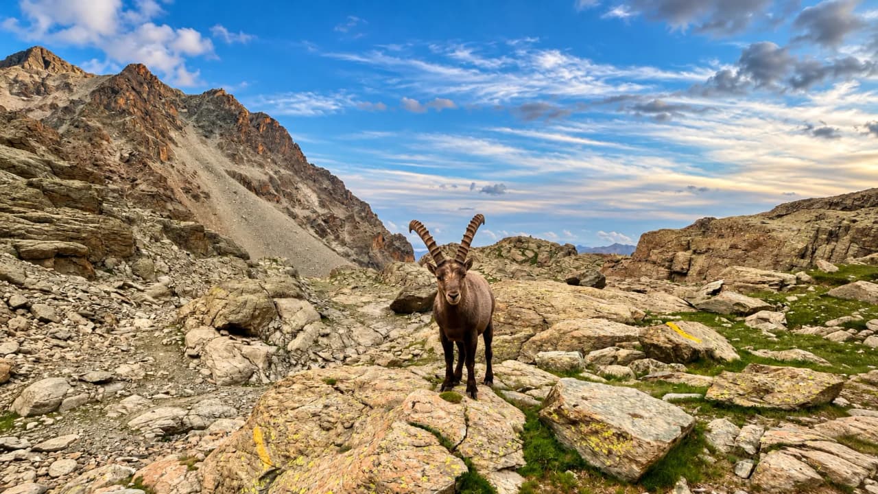 A majestic ibex on the rocks, with mountains in the background and a blue sky.