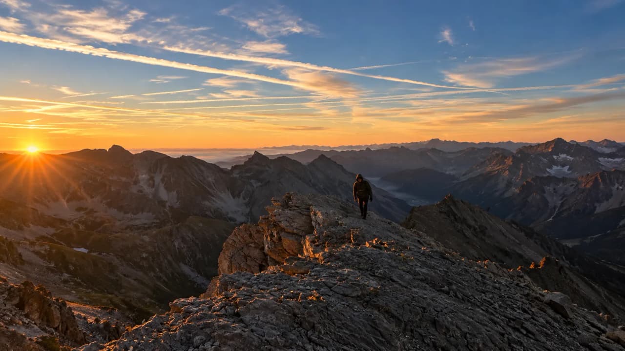 Un randonneur au sommet des Alpes, admirant un lever de soleil sur des montagnes majestueuses.