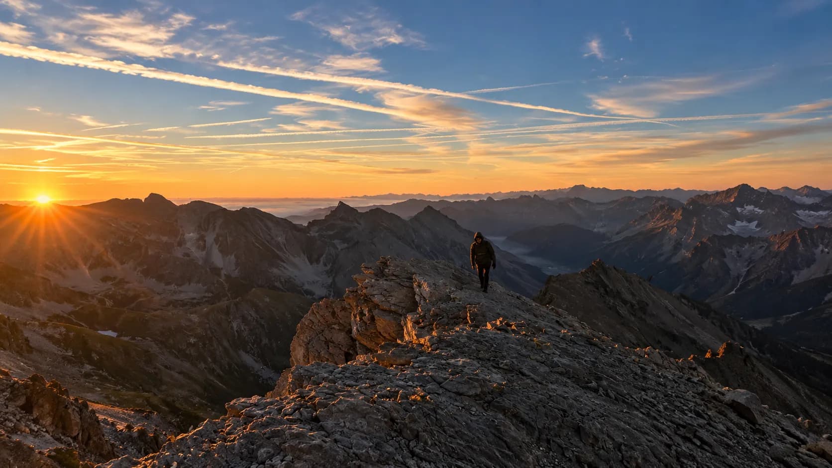 Un randonneur au sommet des Alpes, admirant un lever de soleil sur des montagnes majestueuses.