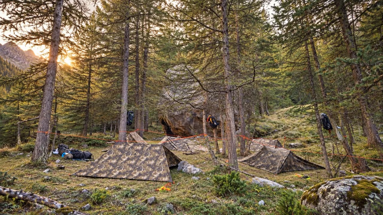 Bivouac en pleine nature alpine, tentes camouflées entourées de sapins majestueux.