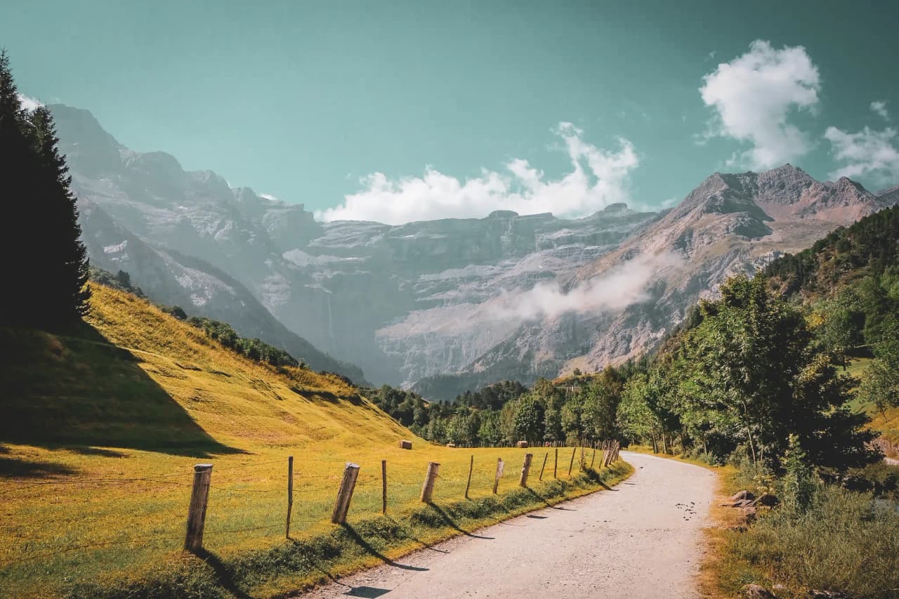Un chemin de terre serpente entre des pâturages dorés et une clôture en bois