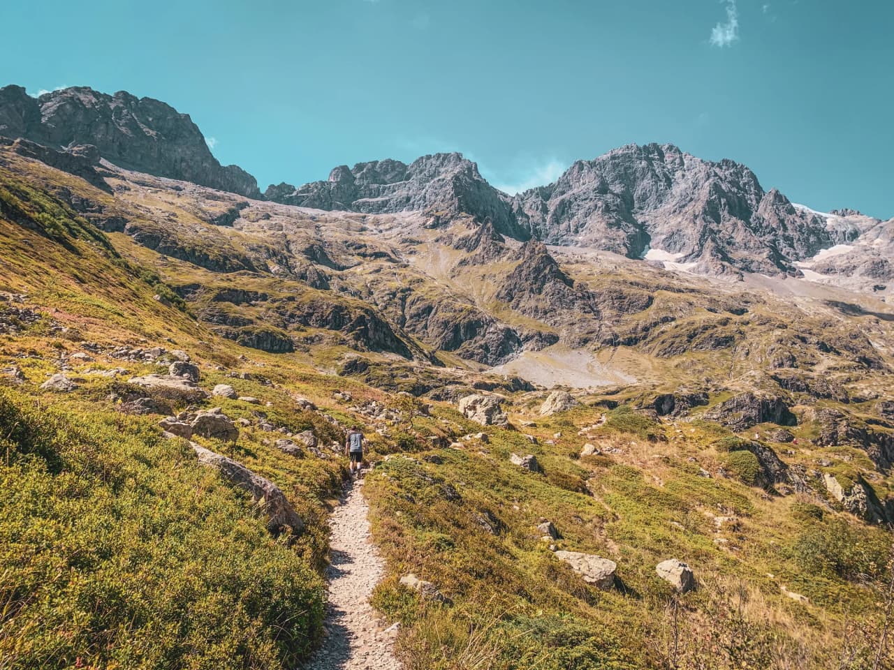 Sentier sinueux dans les Écrins, entouré de montagnes majestueuses et de verdure éclatante.